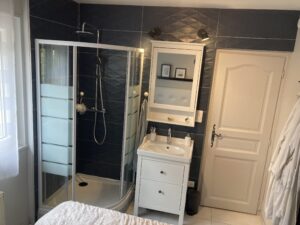 Plombier Rénovation Pierre-Bénite Oullins : Création d'un espace douche dans une chambre de 12 m²avec cabine de douche en angle, meuble vasque, et murs en grands carrelages bleus