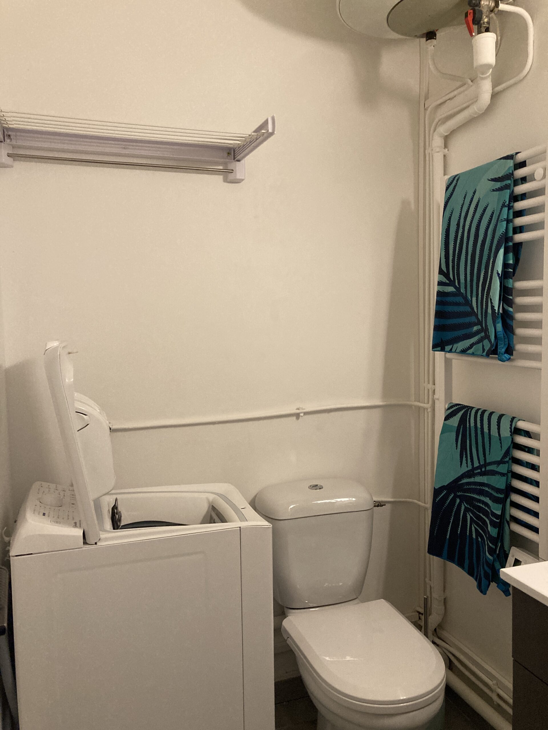 Plombier Rénovation Pierre-Bénite Oullins : salle de bain rénovée avec nouveau sèche serviettes, nouveaux WC, nouveau sol