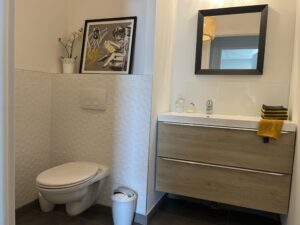 WC suspendus avec une habillage en carrelage, et une plaque de commande, tout blanc. Un meuble lavabo coloris chêne de largeur 1m, avec une simple vasque blanche. Une crédence en verre laqué blanc au mur. Un miroir fixé au mur au dessus.